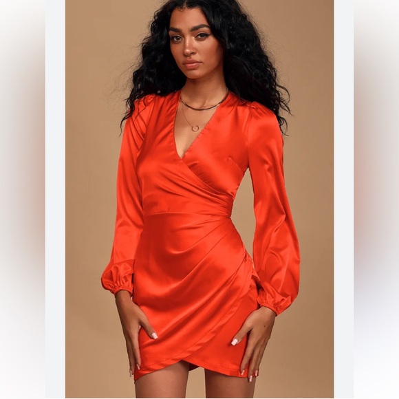 Lulus Late Night Rendezvous Red Satin Long Sleeve Dress Size Small Surplus Neck - Picture 3 of 10